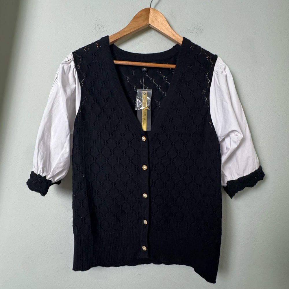 NWT Joseph A. Black Knit Cardigan White Puff Sleeves & Crochet Lace Detail M‎